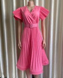 Plus Size Pink V-Neck Ruffled Short Sleeve Pleated Midi Dress with Belt