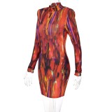 Multicolor Print High Neck Long Sleeves Mini Sheath Dress