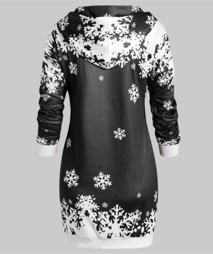 Christmas Print Black Drawstring Hoody Mini Dress