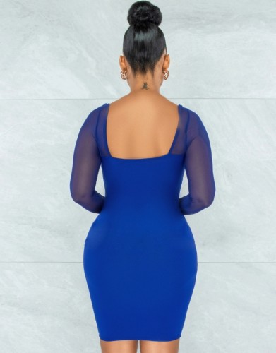 Blue Square Neck See Through Long Sleeve Sheath Mini Dress