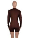Brown Ribbed Snap Button Long Sleeve Fitted Short Romper