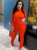 Orange O-Neck Long Sleeve Top and Fringe Pants 2PCS Set