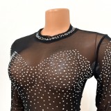 Rhinestone Black High Collar Long Sleeve Sheath Mini Dress