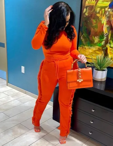 Orange O-Neck Long Sleeve Top and Fringe Pants 2PCS Set