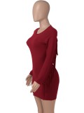 Wine Red O-Neck Tassel Long Sleeve Sheath Mini Dress