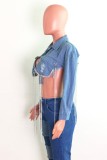 Blue Chains Button Fringe Split Short Denim Jeans Jacket