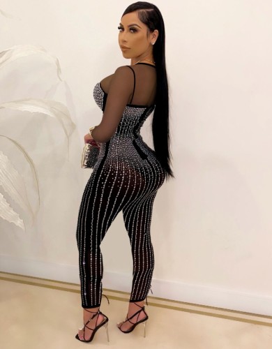 Black Beaded Long Sleeve O-Neck Bodycon Jumpsuit
