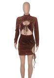 Brown Velvet Midi Neck Drawstring Keyhole Long Sleeve Mini Dress