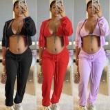 Black Zipper Hoody Top and Triangle Bra with Pants 3PCS Sweatsuits