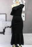 Black Ruffle One Shoulder Sleeveless Long Fishtail Skirt