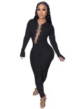 Black Chain Lace Up Long Sleeve Fitted Jumpsuits with Half Gloves