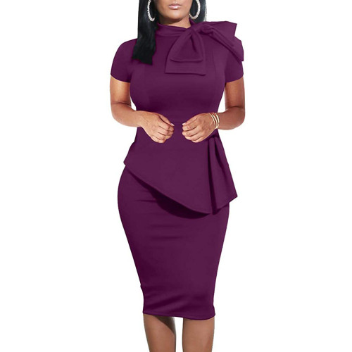 Purple Short Sleeve Bow Tie Neck Peplum Dress