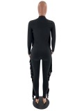 Black Fringe Midi Neck Long Sleeve Jumpsuit