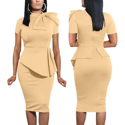 Khaki Short Sleeve Bow Tie Neck Peplum Dress