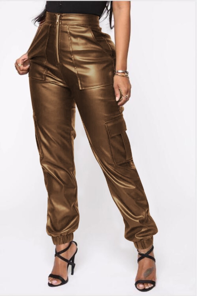 Brown Leather Zipper Up High Waist Pants with Pocket