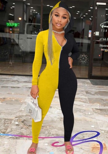Yellow and Black Contrast Zip Long Sleeve Tight Hoody Jumpsuit