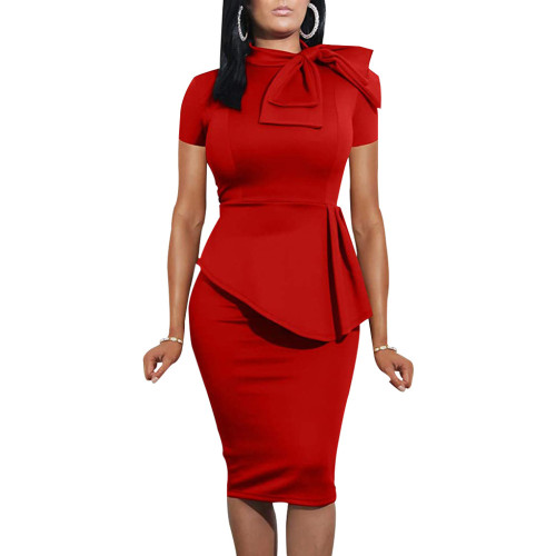 Red Short Sleeve Bow Tie Neck Peplum Dress