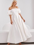 White Off Shoulder Bubble Sleeve Long Bandeau Dress