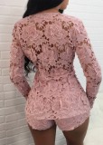 Pink Lace Translucent Long Sleeve Cardigan and Shorts 2PCS Set