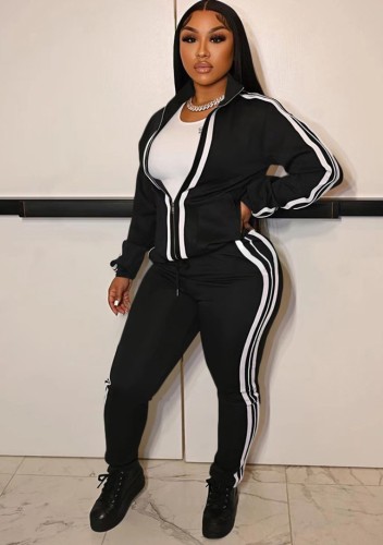 White Size Stripes Black Zip High Neck Top and Pants 2PCS Tracksuits