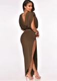 Brown Sleeveless Pad Shoulder Ruched Split Irregular Long Dress