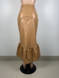 Khaki PU Leather Ruffled High Waist Mermaid Long Skirt