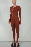 Brown Chain Lace Up Long Sleeve Fitted Jumpsuits with Half Gloves