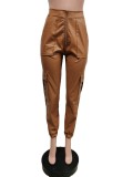 Brown Leather Zipper Up High Waist Pants with Pocket
