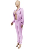 Purple Zipper Hoody Top and Triangle Bra with Pants 3PCS Sweatsuits