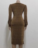 Brown V-Neck Long Sleeves Elegant Bodycon Midi Dress