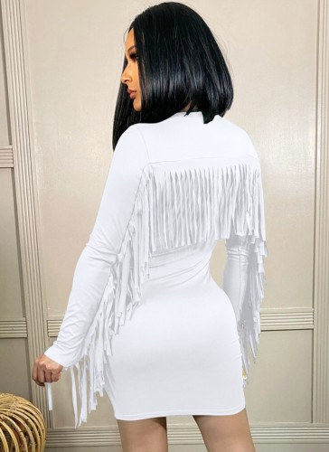 White O-Neck Tassel Long Sleeve Sheath Mini Dress