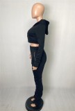 Black Zip Up Long Sleeve Hoody Crop Top and Pants 2PCS Tracksuit