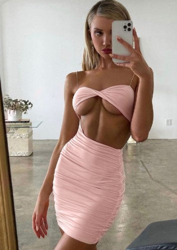 Pink Cut Out Ruched Cami Sheath Mini Dress
