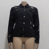 Black Ripped Long Sleeves Button Open Denim Jean Jacket