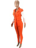 Orange and White Contrast Turndown Collar Blazer and Pants 2PCS Set