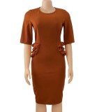 Elegant Brown Half Sleeves O-Neck Ruffle Midi Office Dress