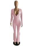 Pink Deep-V Button Up Long Sleeves Split Jumpsuit