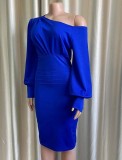 Blue Long Sleeve Slash Shoulder Skinny Midi Dress