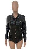 Black Pu Leather Pocket Button Open Long Sleeve Blouse