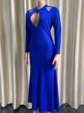 Blue Keyhole Long Sleeves Mermaid Long Evening Dress