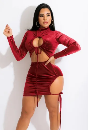 Red Velvet Midi Neck Drawstring Keyhole Long Sleeve Mini Dress