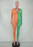 Orange and Green Contrast Zip Long Sleeve Tight Hoody Jumpsuit