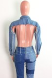 Blue Chains Button Fringe Split Short Denim Jeans Jacket