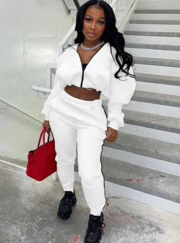 White Zip Up Puffed Long Sleeve Crop Top And Piping Pant 2PCS Set