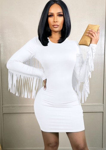 White O-Neck Tassel Long Sleeve Sheath Mini Dress