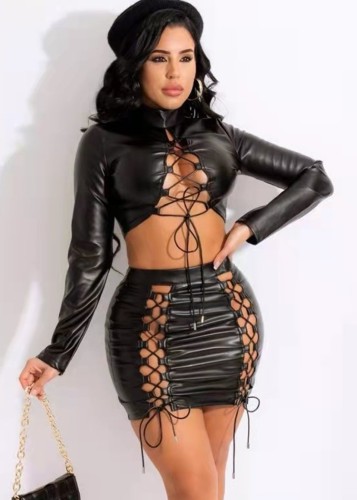 Black Leather Lace Up Turtleneck Crop Top and High Waist Skirt 2PCS Set