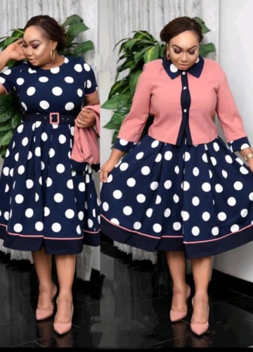 Polka Print Blue Short Sleeves O-Neck Dress and Pink Coat 2PCS Set
