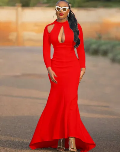 Red Keyhole Long Sleeves Mermaid Long Evening Dress