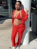Red Zipper Hoody Top and Triangle Bra with Pants 3PCS Sweatsuits