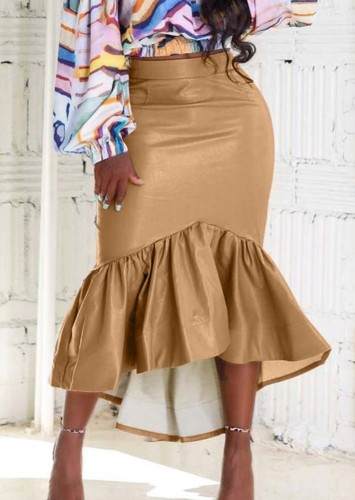 Khaki PU Leather Ruffled High Waist Mermaid Long Skirt